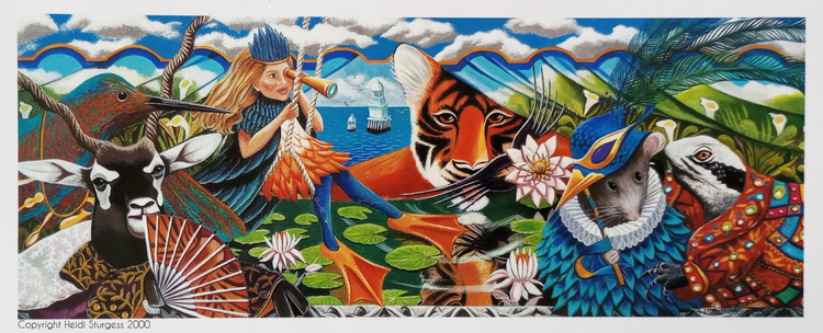 Colorful mural featuring a woman with a telescope, a tiger, a guinea pig in a blue feathered costume, a zebra, a water buffalo, a deer, and nature elements like water lilies, mountains, trees, and ships in the background.
