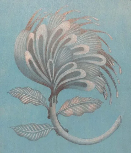 A stylized illustration of a flower with layered petals and large leaves against a blue background.