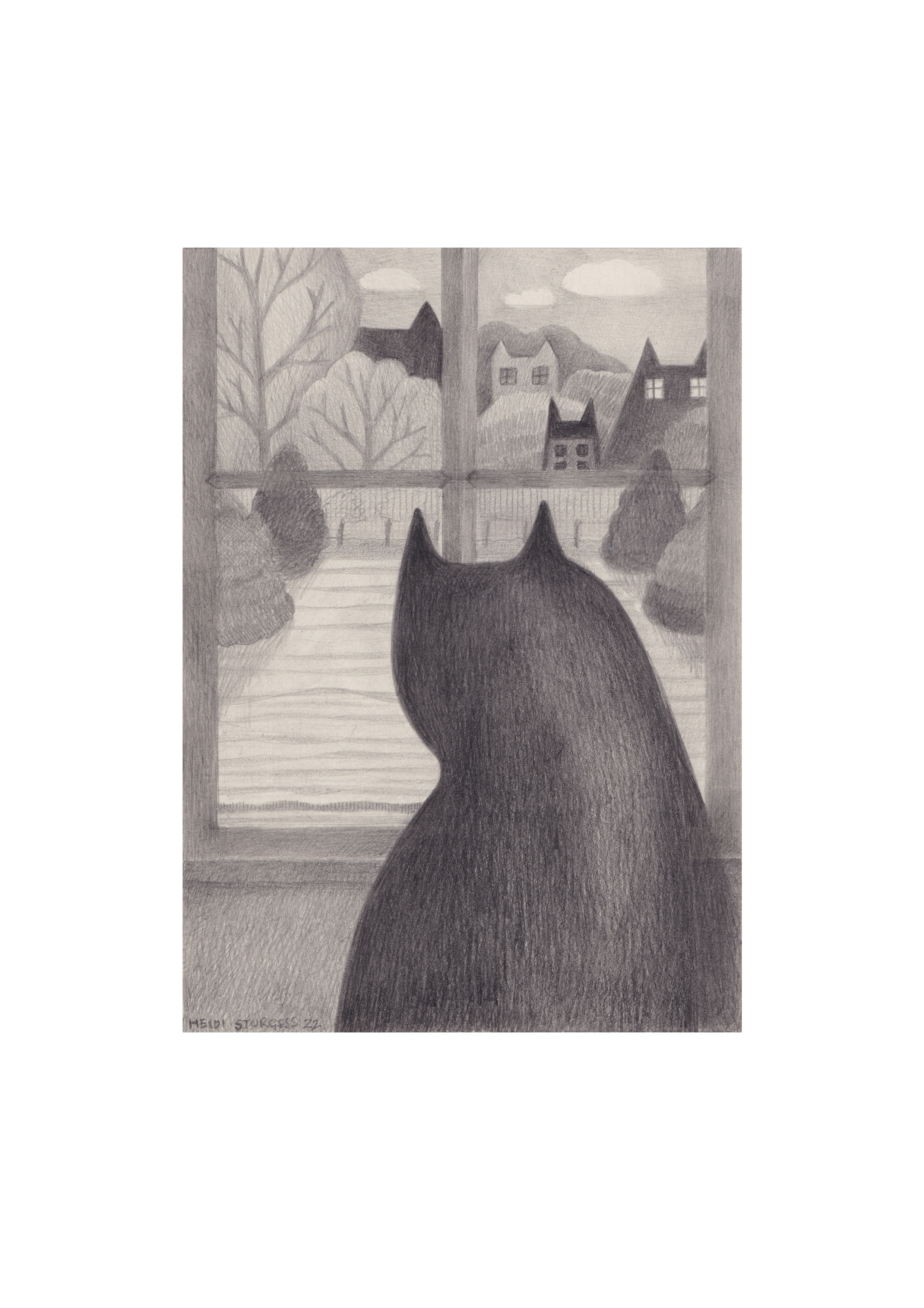 Hand drawn cat illustration by Heidi Sturgess. Black cat sitting on a windowsill looking outside at a view of houses and trees in a grayscale drawing.
