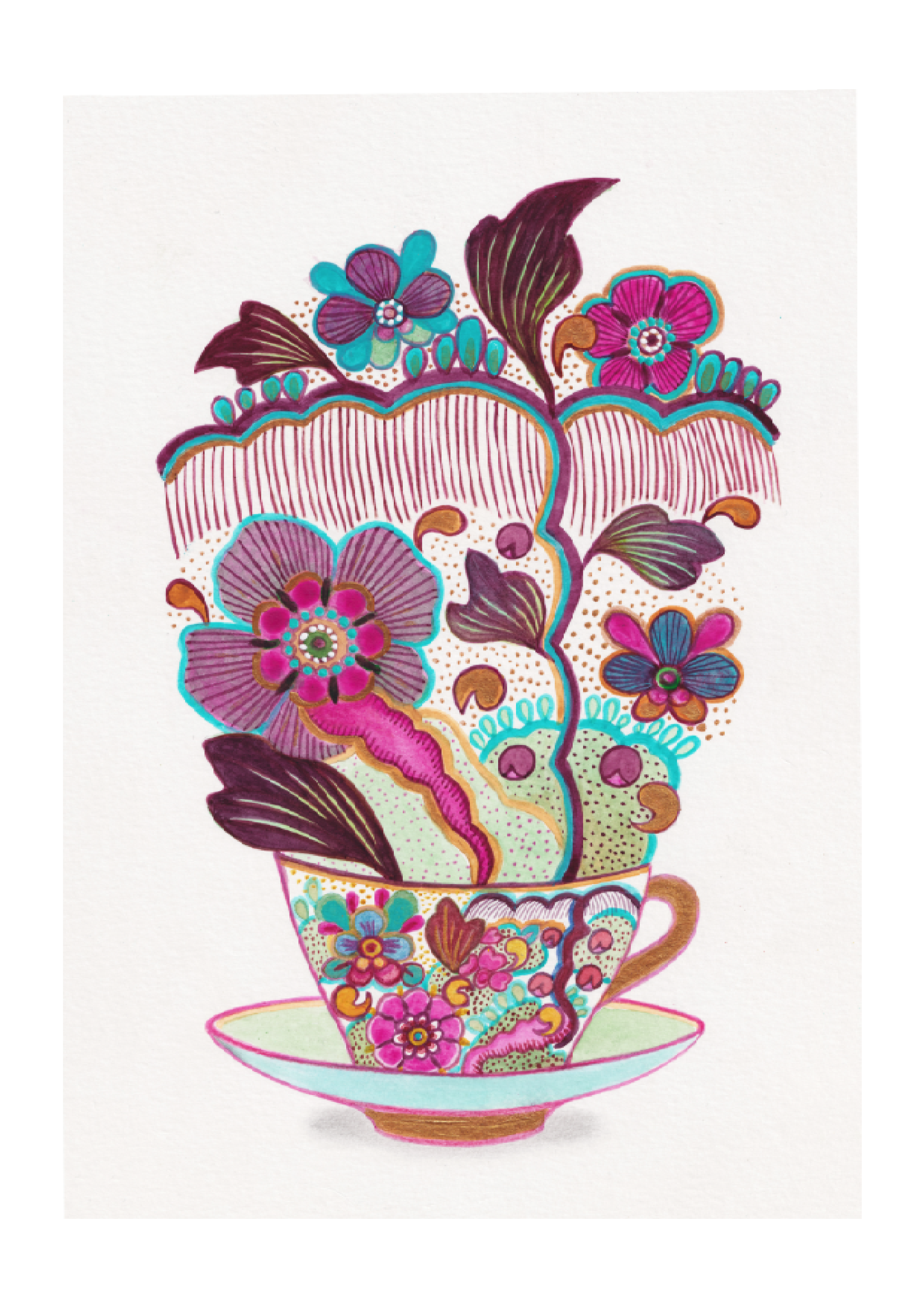 Colorful illustration of a teacup filled with vibrant, stylized flowers and leaves, with a matching saucer underneath.