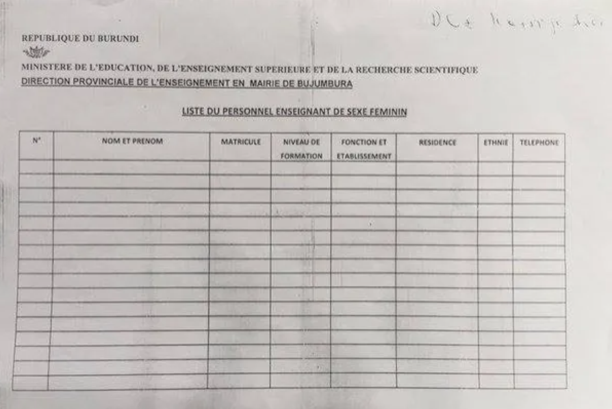 Burundi: Information sheets asking for teachers' 'ethnic group' worries civilians