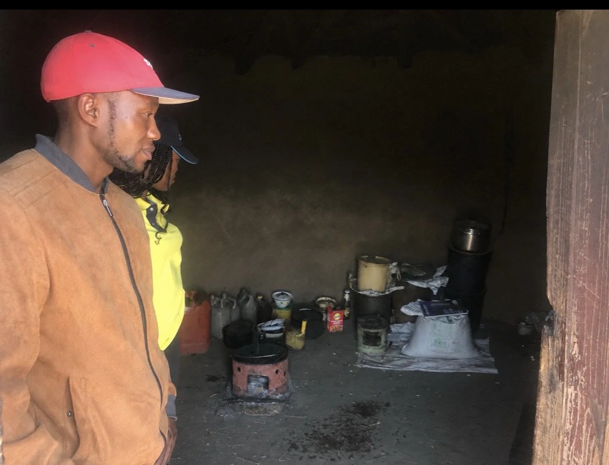 Pheto Kutumela enters the home of Bokang Khera and his elderly caregiver in Thaba Moorosi during his first visit to the household. While documenting their living conditions and hearing their story, Pheto began considering how he could advocate for fu