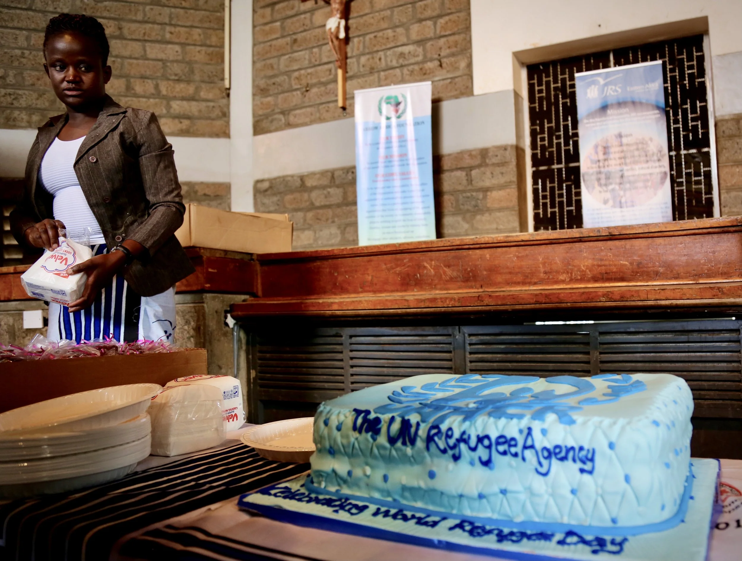 A cake prepared for refugee children is displayed during World Refugee Day celebrations at Divine Word Church in Nairobi.