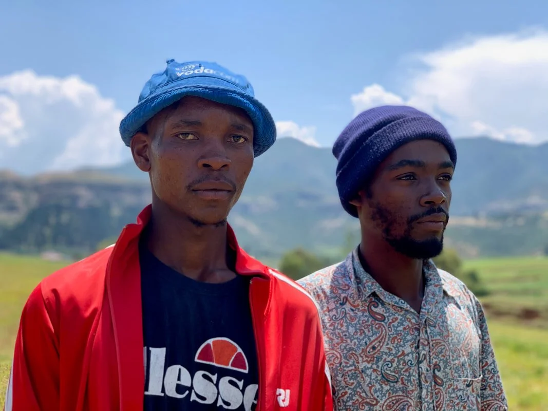 Peer educators P. (left) and D. (right), both former herd boys, in Leribe district, Lesotho, where they deliver HIV and sexually transmitted infection prevention sessions. Peer-to-peer education is critical for herd boys, who are often excluded from 