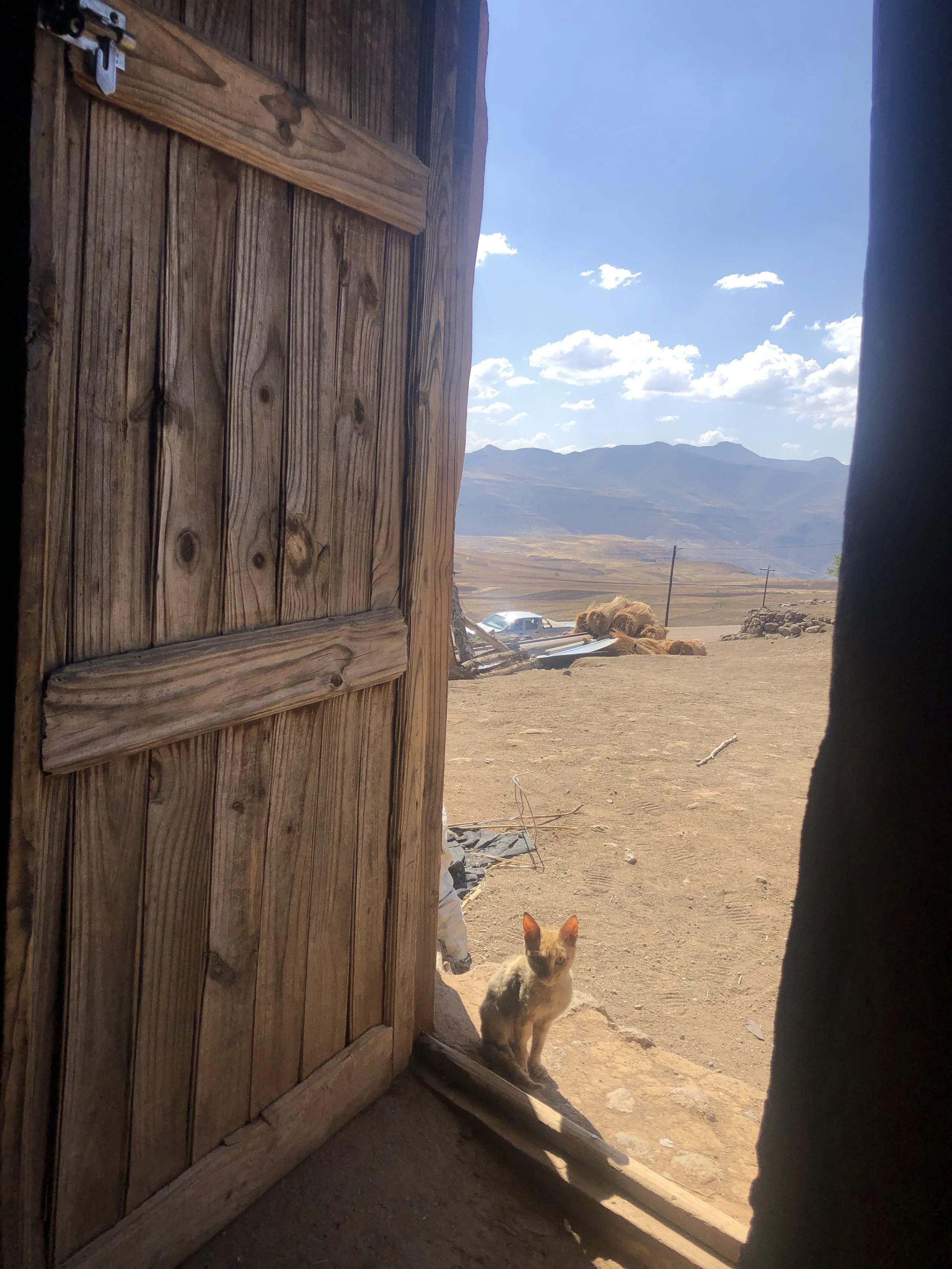 A view from inside Palesa's house in Thaba Moorosi, Lithipeng, toward Lesotho’s mountain highlands. Many villages in the region remain difficult to access and far removed from consistent state services.