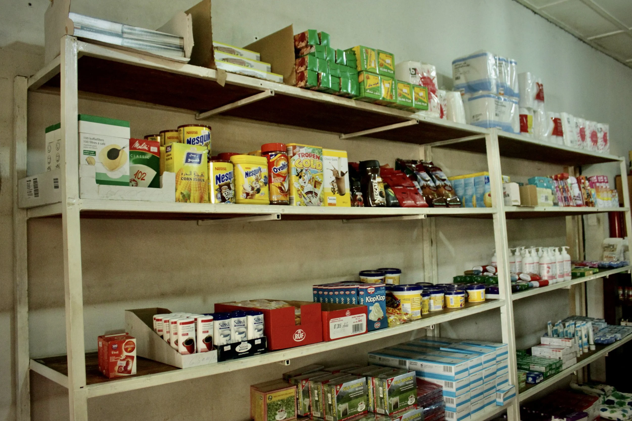 Imported food products line the shelves of the Fido Dido grocery store. Staff reported increasing difficulties sourcing goods from elsewhere in Burundi and neighbouring countries.