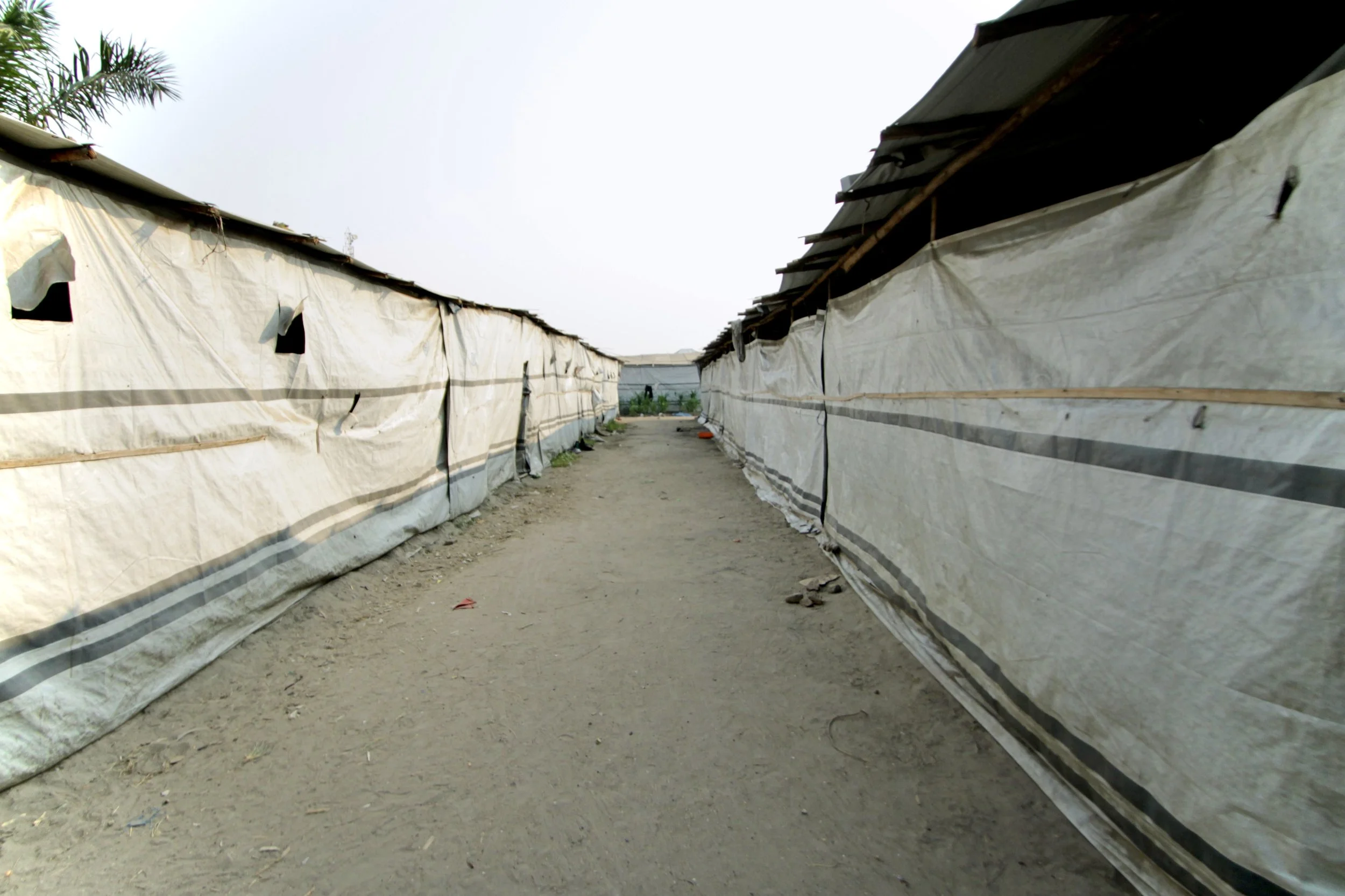 A narrow corridor runs between rows of shelters built from plastic sheeting, timber and salvaged materials inside the displaced persons camp.