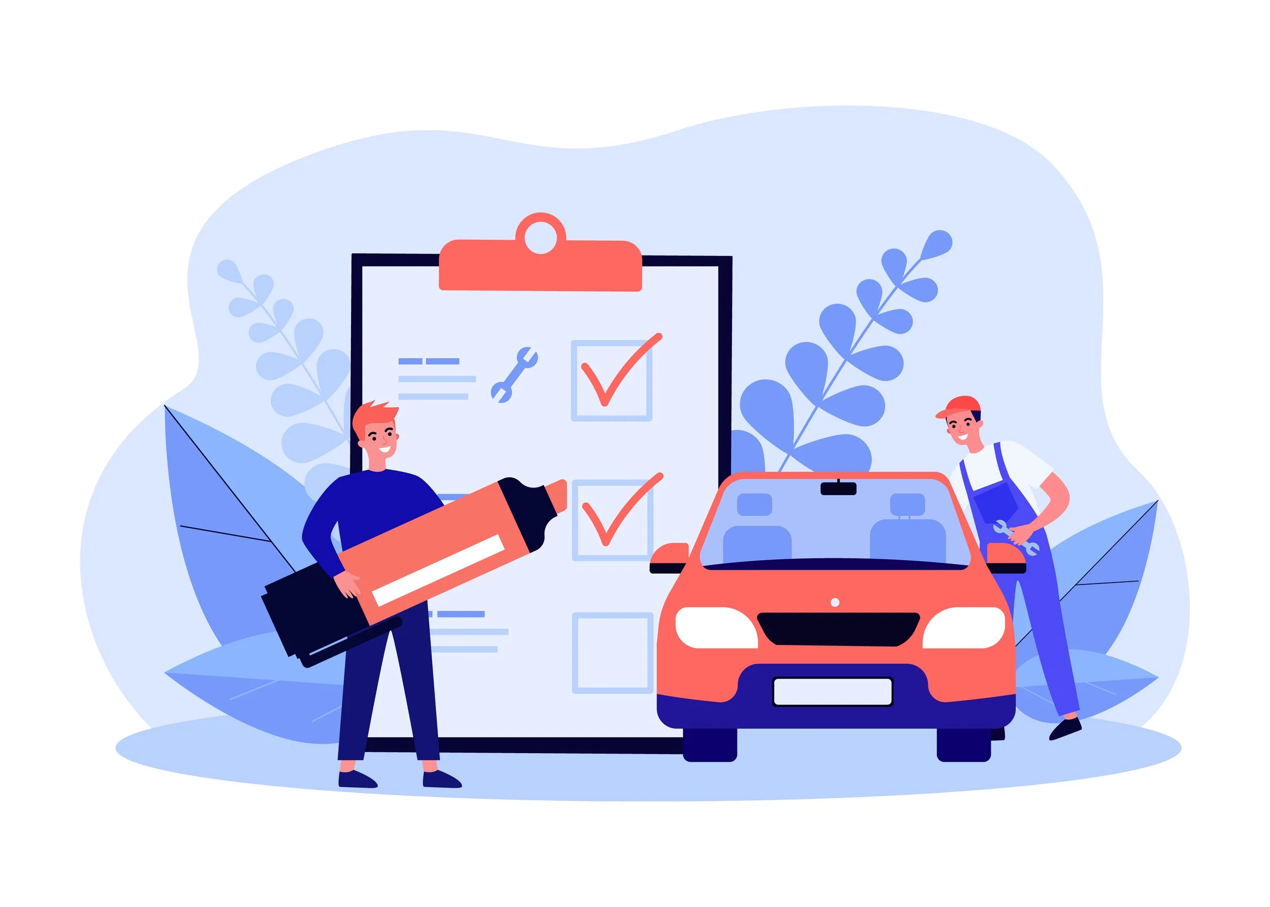 Illustration of two young men, one holding a credit card and the other with a wrench, standing near a red car with checklist icons and a large clipboard in the background, surrounded by blue decorative leaves.