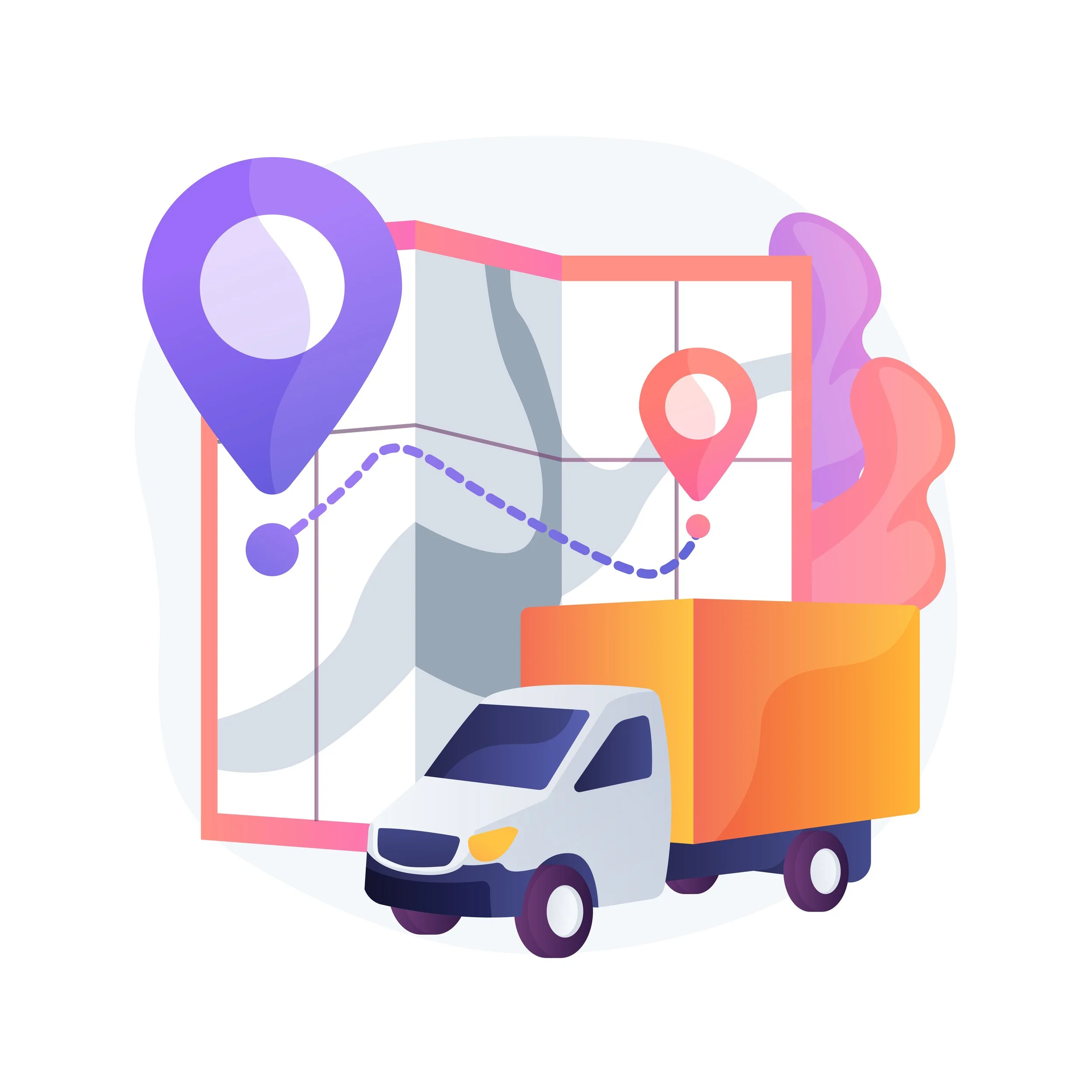 Abstract illustration of a delivery truck with colorful location pins, a map, and route lines.