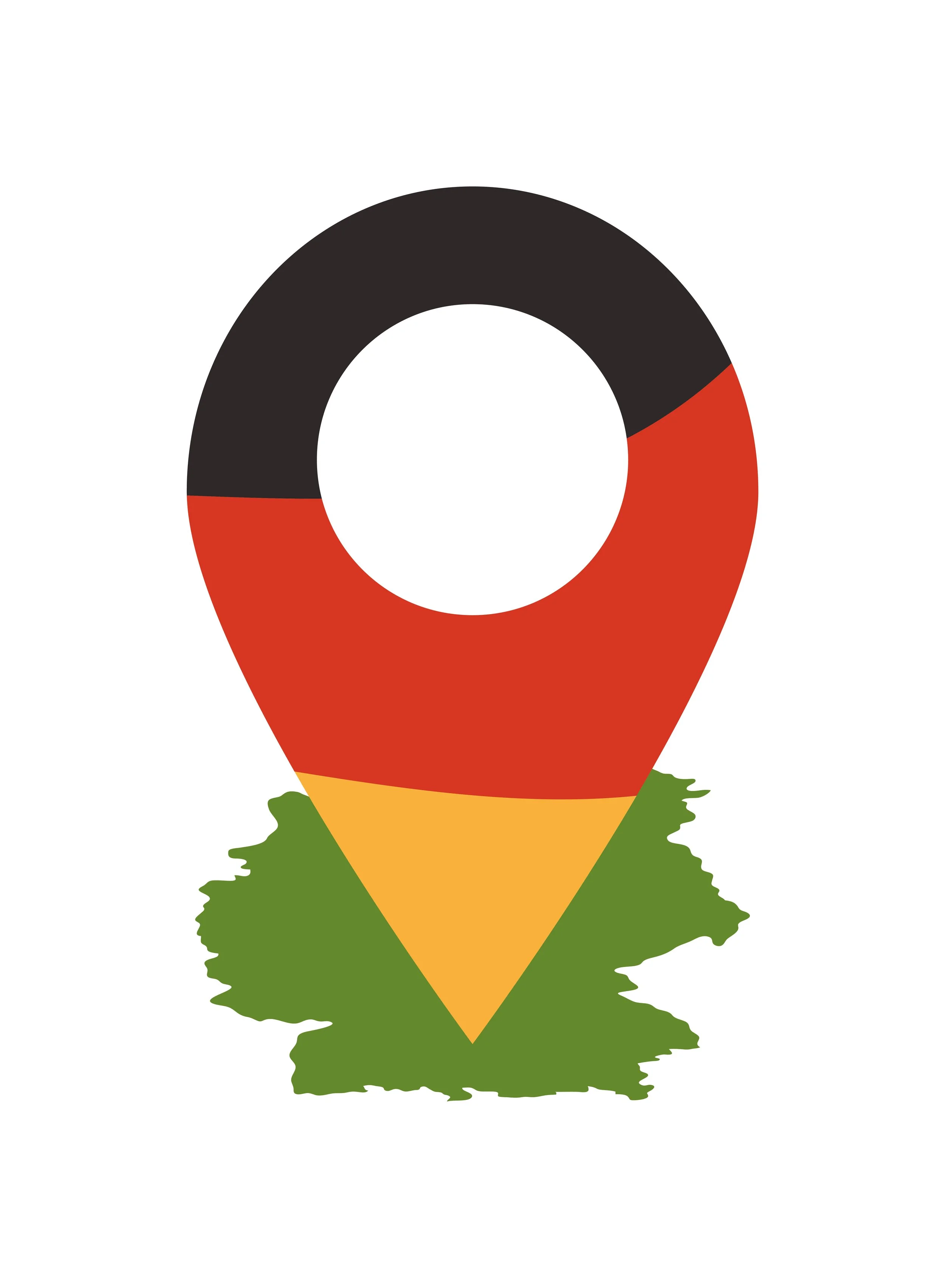 A map of Germany with its outline filled with the colors of the German flag, and a location marker with a circle that contains the German flag pattern.