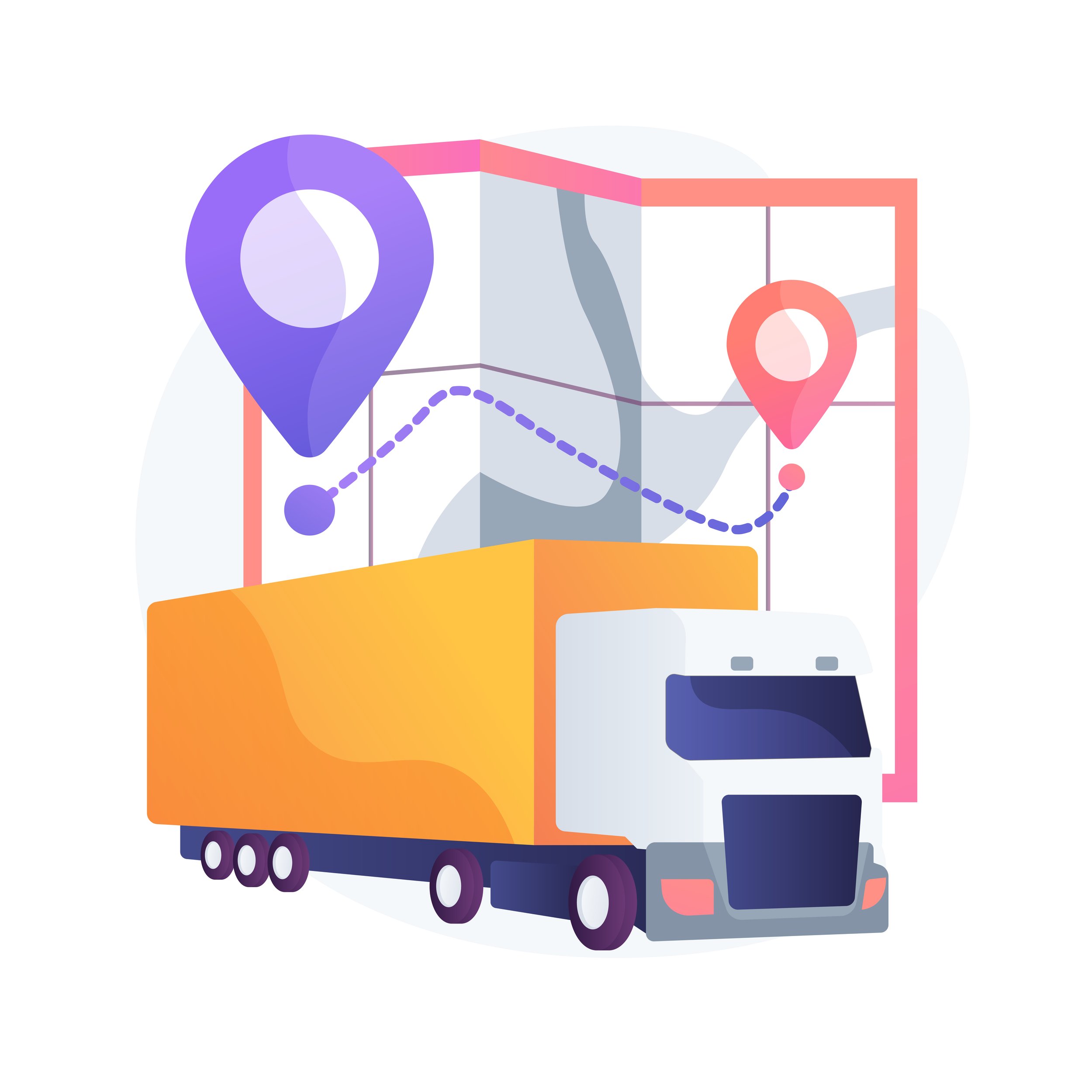 A colorful, stylized illustration of a delivery truck with location pins, a map, and a smartphone in the background.