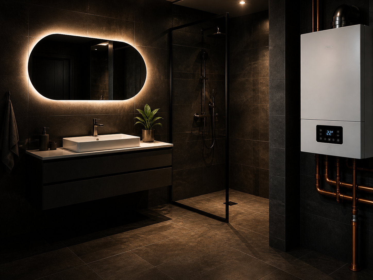 Modernes Badezimmer mit dunkel gefliesten Wänden und Boden, beleuchtetem Spiegel, Waschbecken auf schwarzer Konsole, Pflanze, Regendusche, und einem weißen Heizkessel mit digitalem Display auf der rechten Seite.
