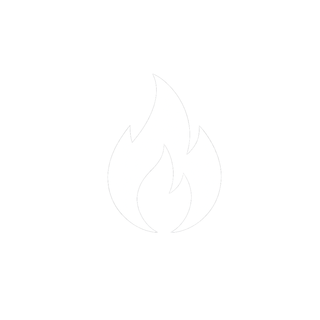 Eine leuchtende, stilisierte Feuersymbol auf grau-weißer Hintergrund.