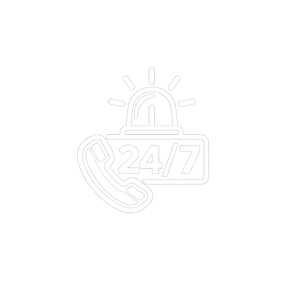 symbolisiert einen 24/7 Kundendienst mit einem Telefonsymbol und einem blinkenden Licht
