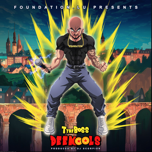 A cartoon illustration of a bald man with tattoos, holding a microphone, standing confidently on a brick bridge with a city skyline in the background, surrounded by bright yellow lightning effects.
