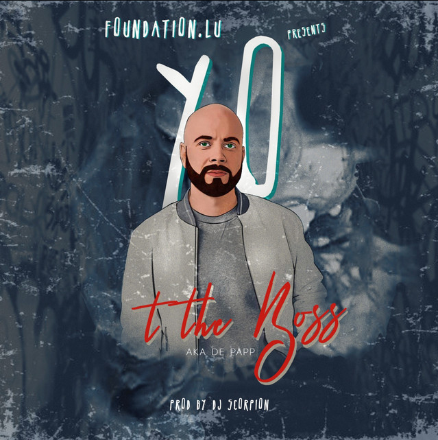 An illustrated promotional poster featuring a bald man with a beard wearing a gray jacket. The background has a dark, textured pattern with text that reads 'FOUNDATION.LU presents YO at the Boss by Ana De Papp, produced by DJ Scorpion.'