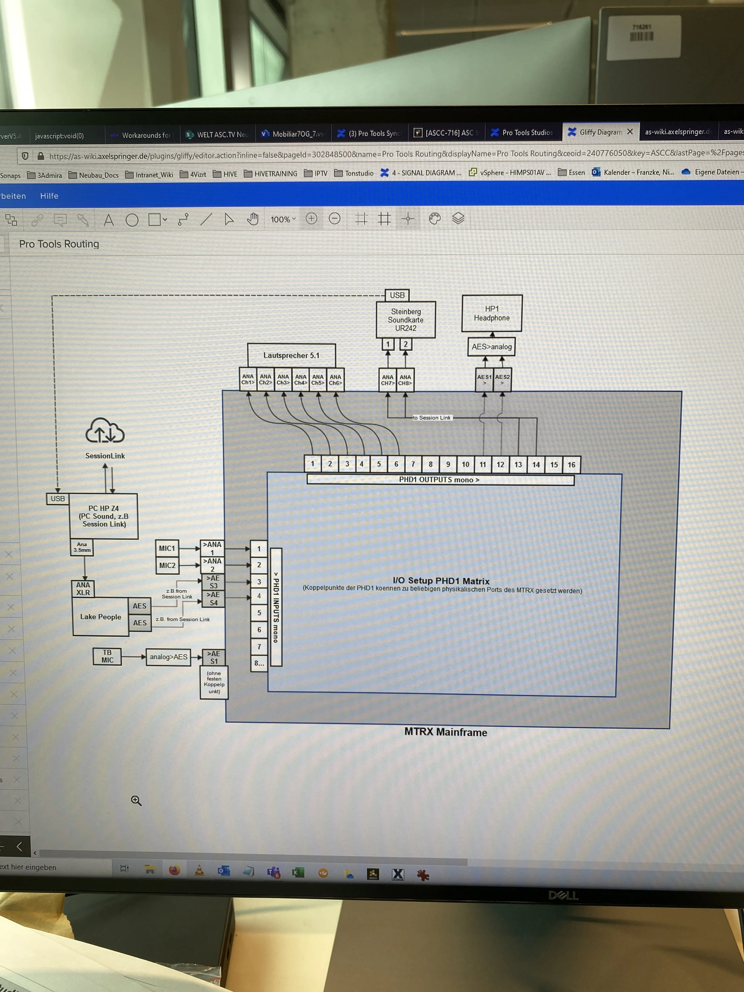 A computer monitor displaying a technical diagram of an audio setup with labels for various components such as a PC, audio interfaces, and a mainframe.