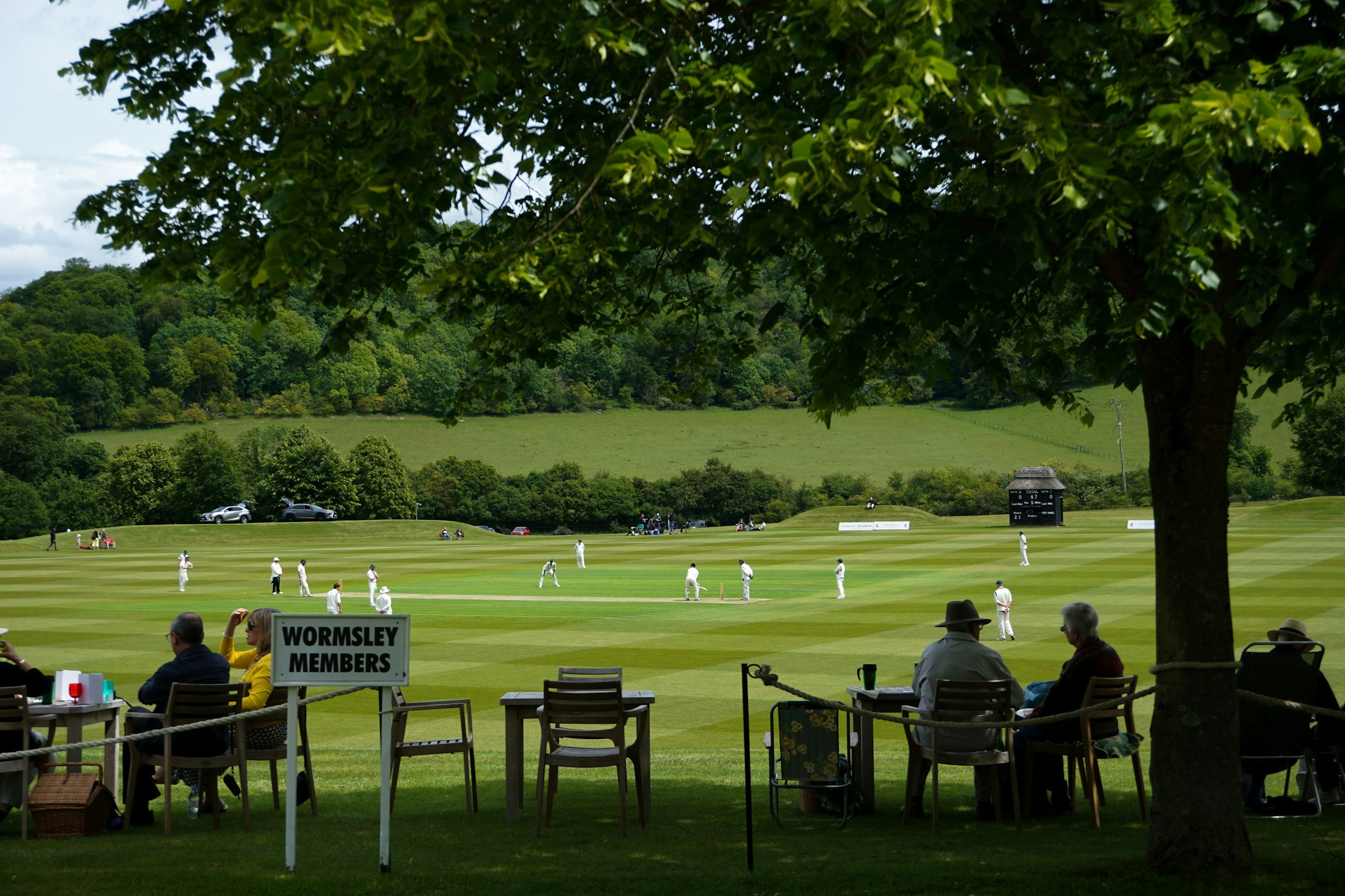 View of a cricket match played on a lush green field, with players in white uniforms. There are spectators seated under a large tree, and a sign reading 'WORMSLEY MEMBERS' in the foreground. The background features a scenic landscape with trees and a cloudy sky.