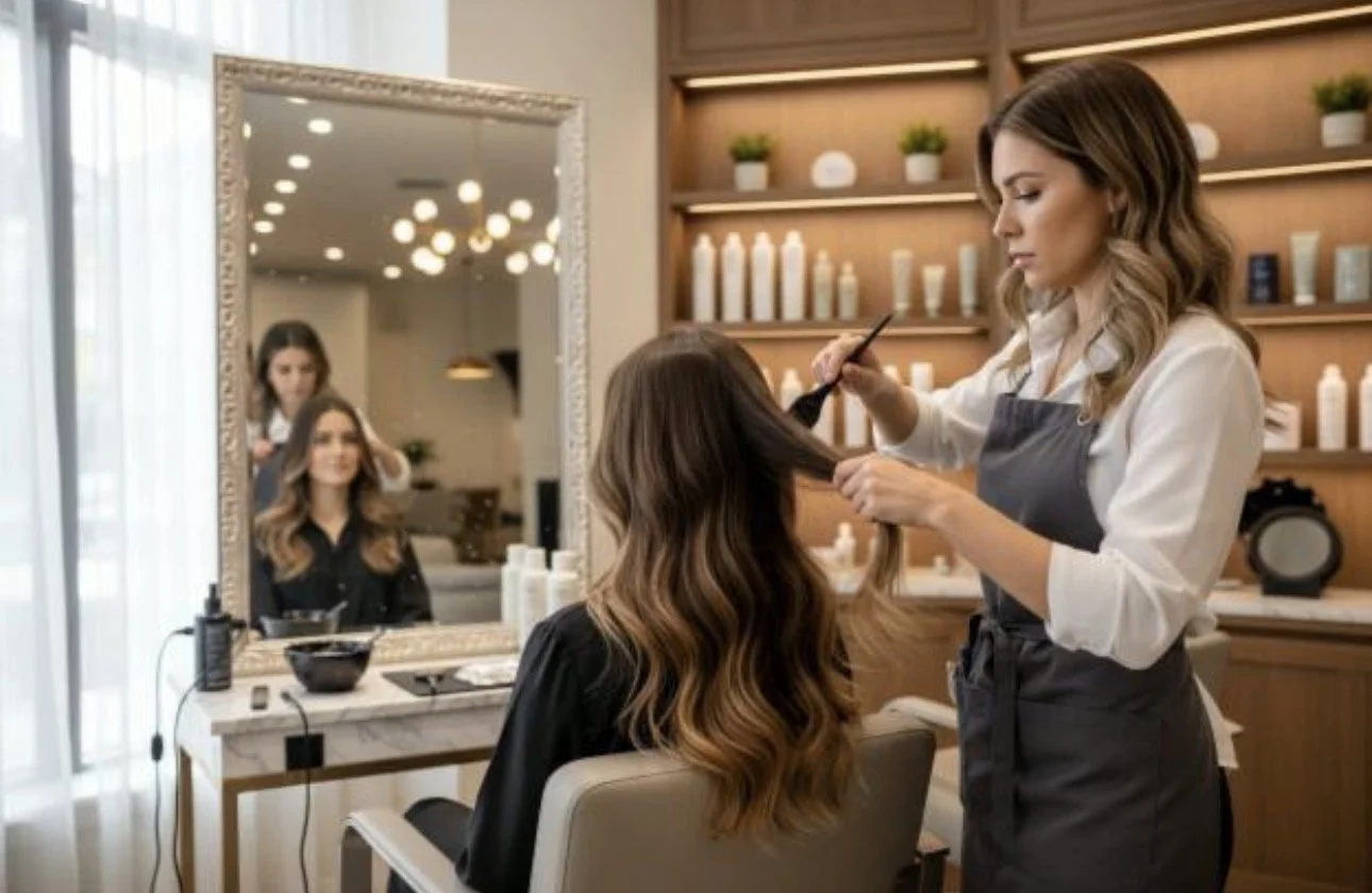 Friseurin färbt die Haare einer Kundin in einem Salon, mit Spiegel im Hintergrund.