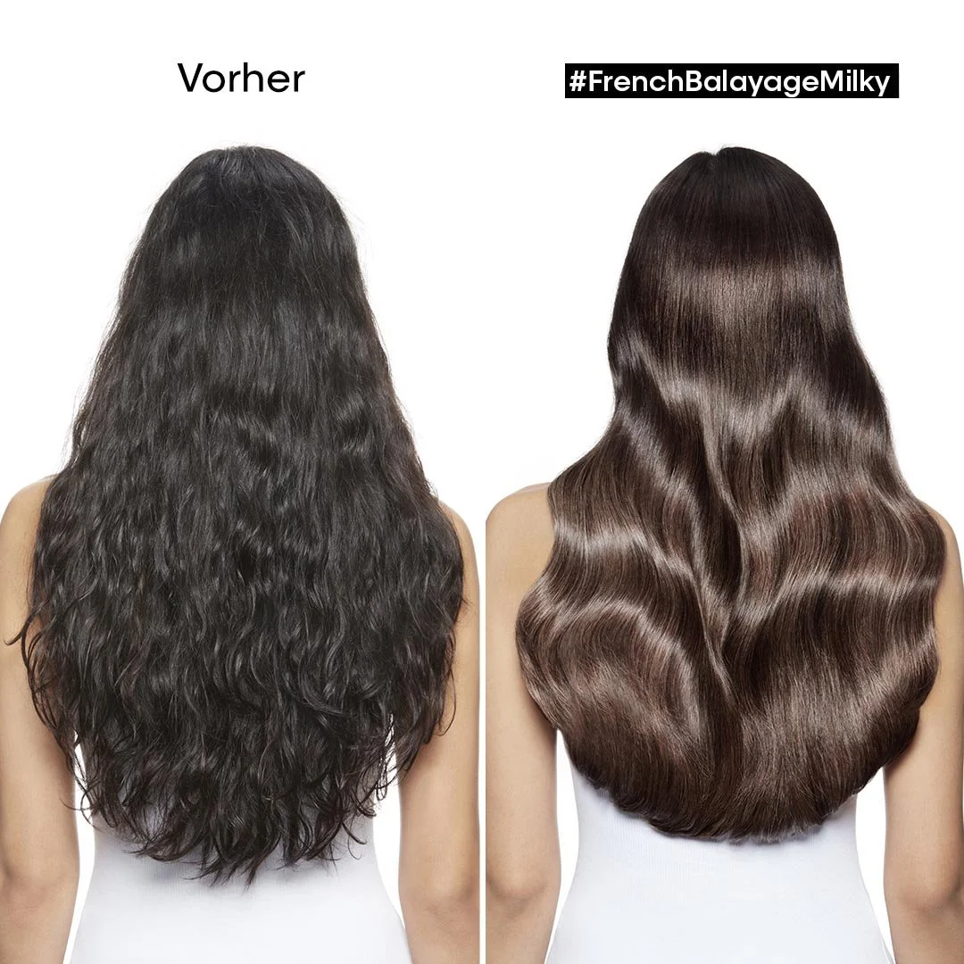 Vorher-Nacher Vergleich von Haaren, links lockiges dunkles Haar, rechts glattes, glänzendes braunes Haar.