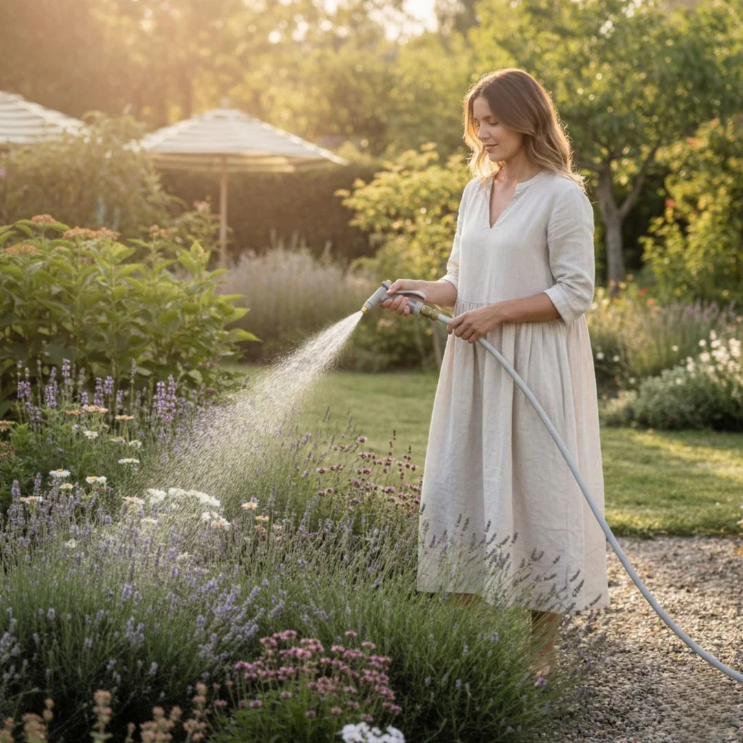 A woman in a white dress watering flowers in a garden during sunset.