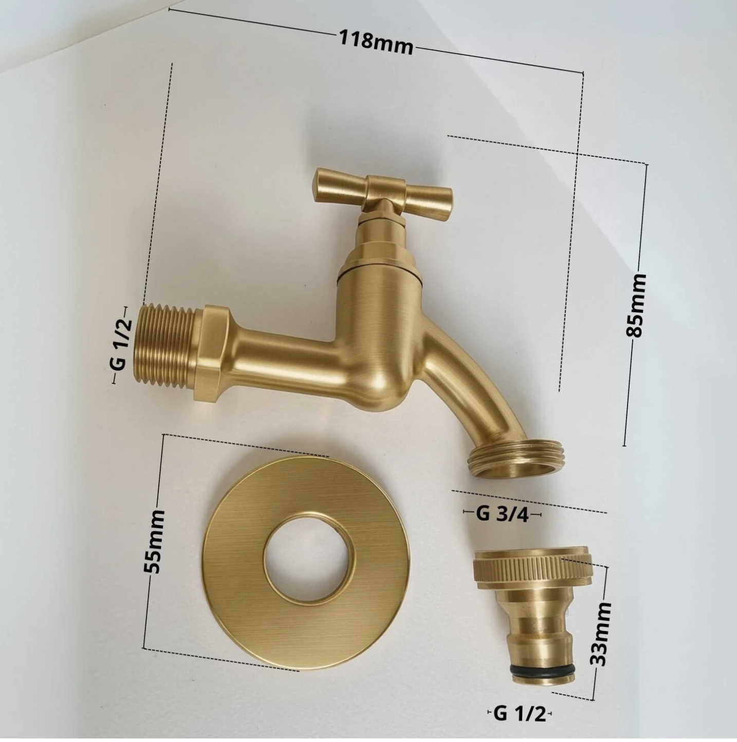 A brass plumbing tap with various measurements and fittings laid out on a white background, including a flange and a small connector