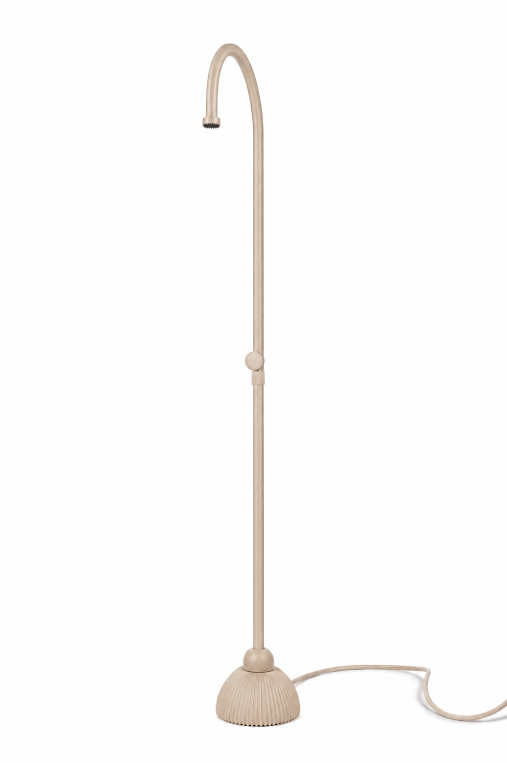 A beige freestanding lamp with a flexible gooseneck and ribbed base.