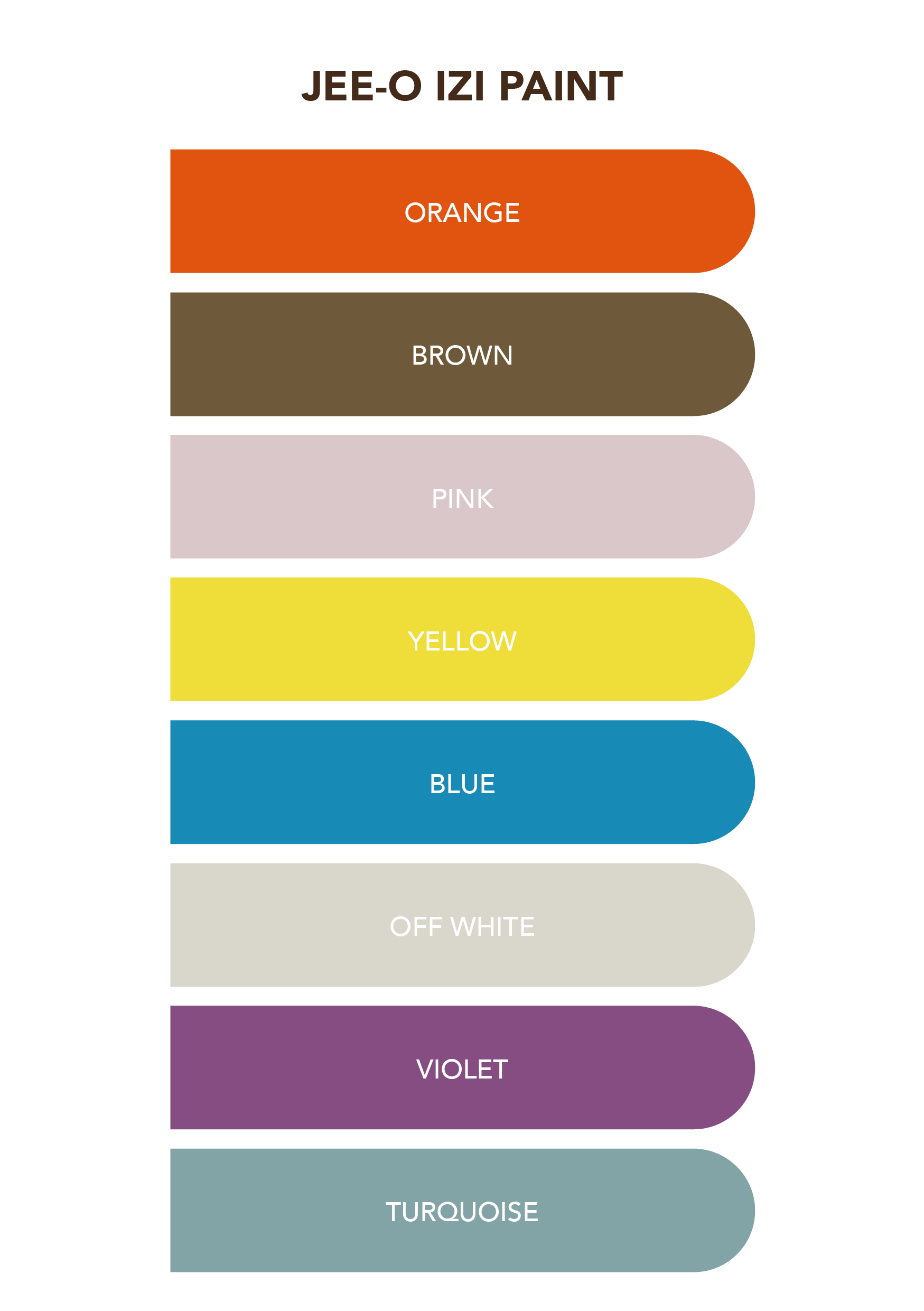 Color palette with eight horizontal, rounded bars displaying color names and shades: orange, brown, pink, yellow, blue, off white, violet, and turquoise.
