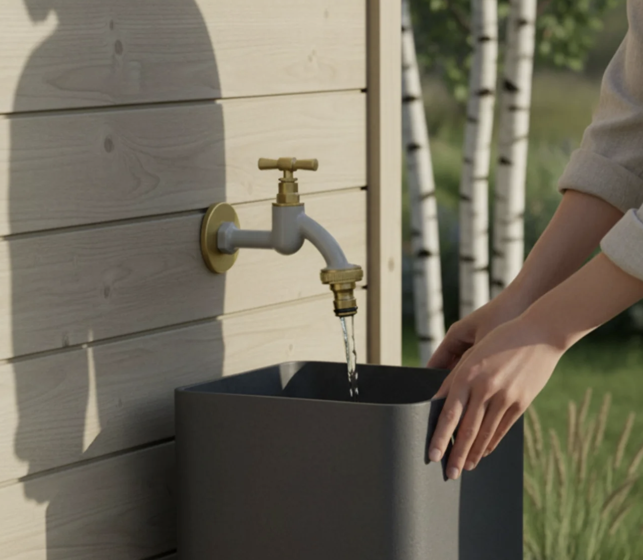 Person washing hands at an outdoor water faucet with a black container underneath in front of a wooden wall.