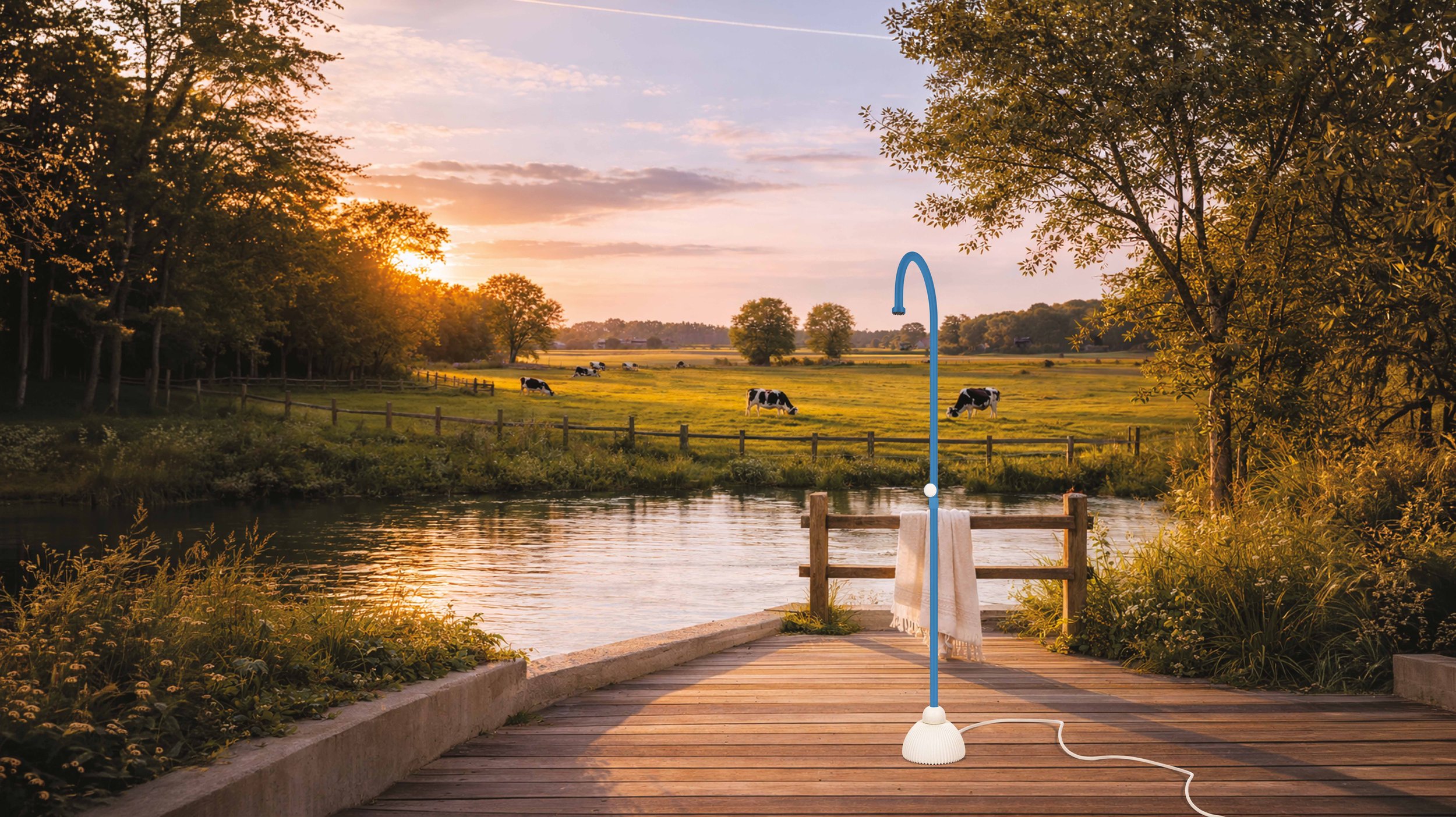 A scenic view of a farm at sunset with cows grazing, trees, a fence, and a river, taken from a wooden deck with a portable shower or garden sprayer in the foreground.