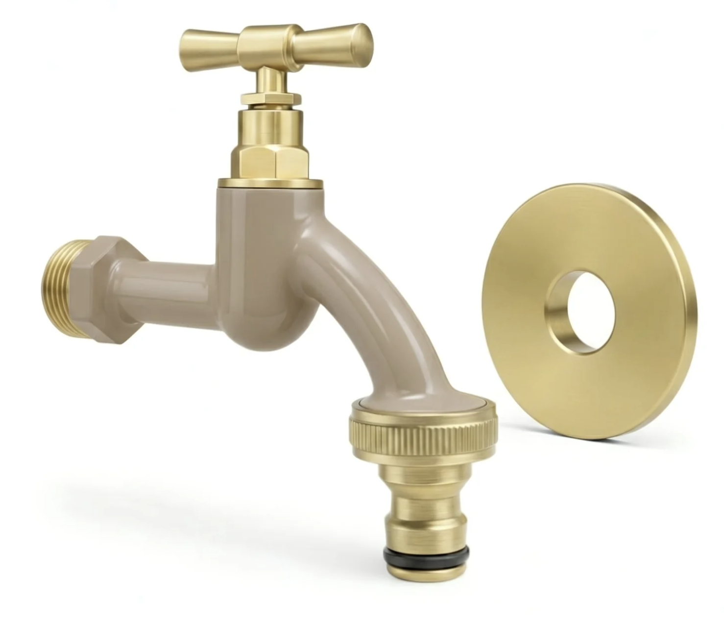 A brass-colored outdoor water faucet with a beige handle, a round backplate, and a rubber washer at the end.