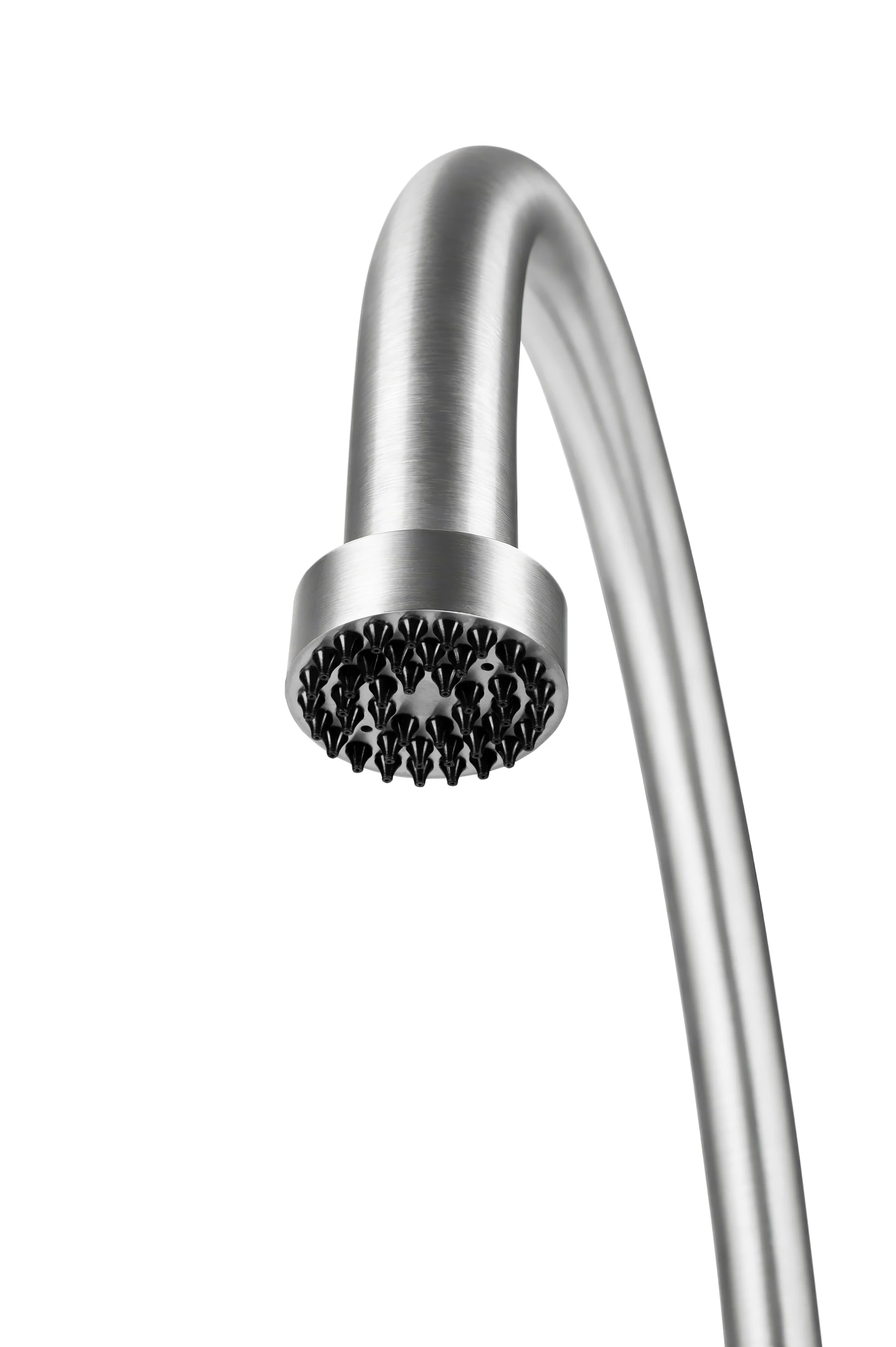 Close-up of a stainless steel showerhead with a curved neck and a round spray face, mounted on a pipe against a plain white background.