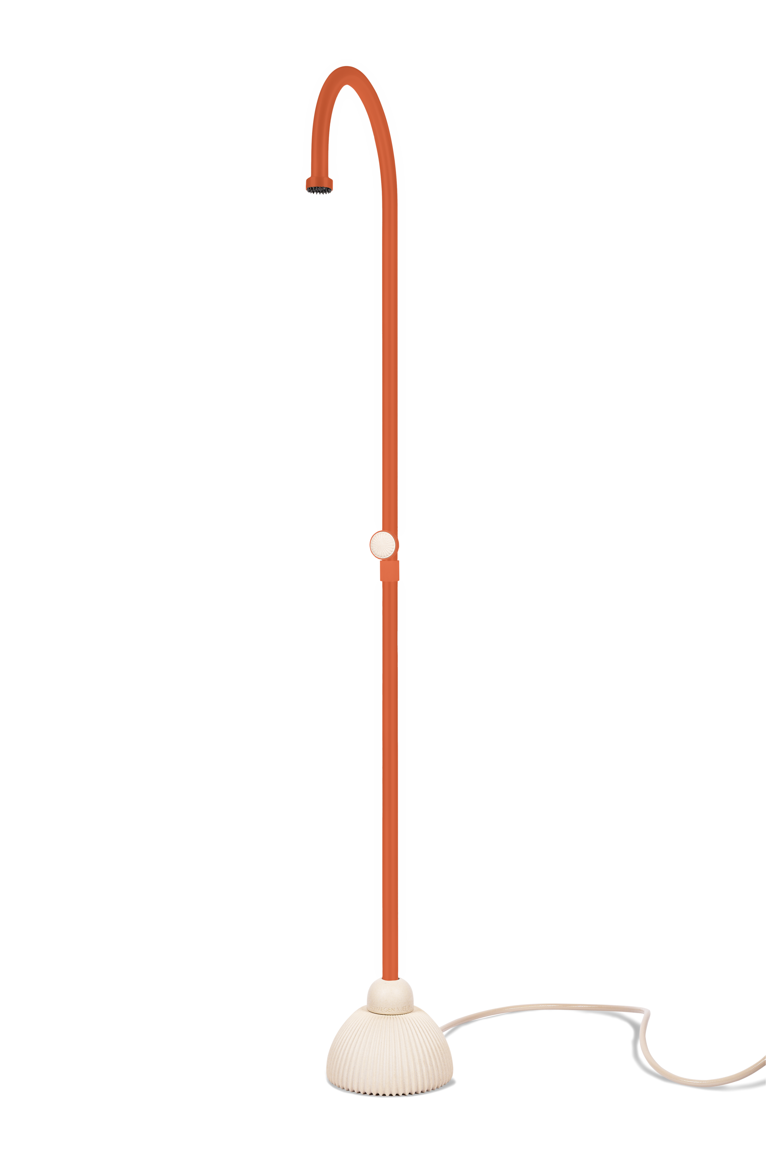 A standing medical lamp with a flexible orange arm, a beige base, and a gray background panel.