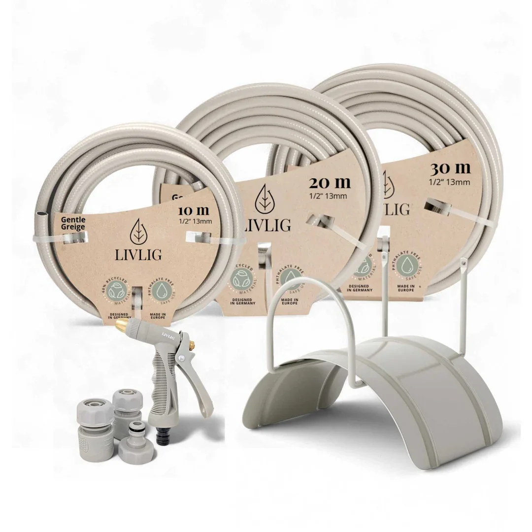A set of three light gray flexible hoses labeled 10m, 20m, and 30m, with the brand name LIVLIG, along with a spray nozzle and three connectors, arranged for gardening or outdoor watering.