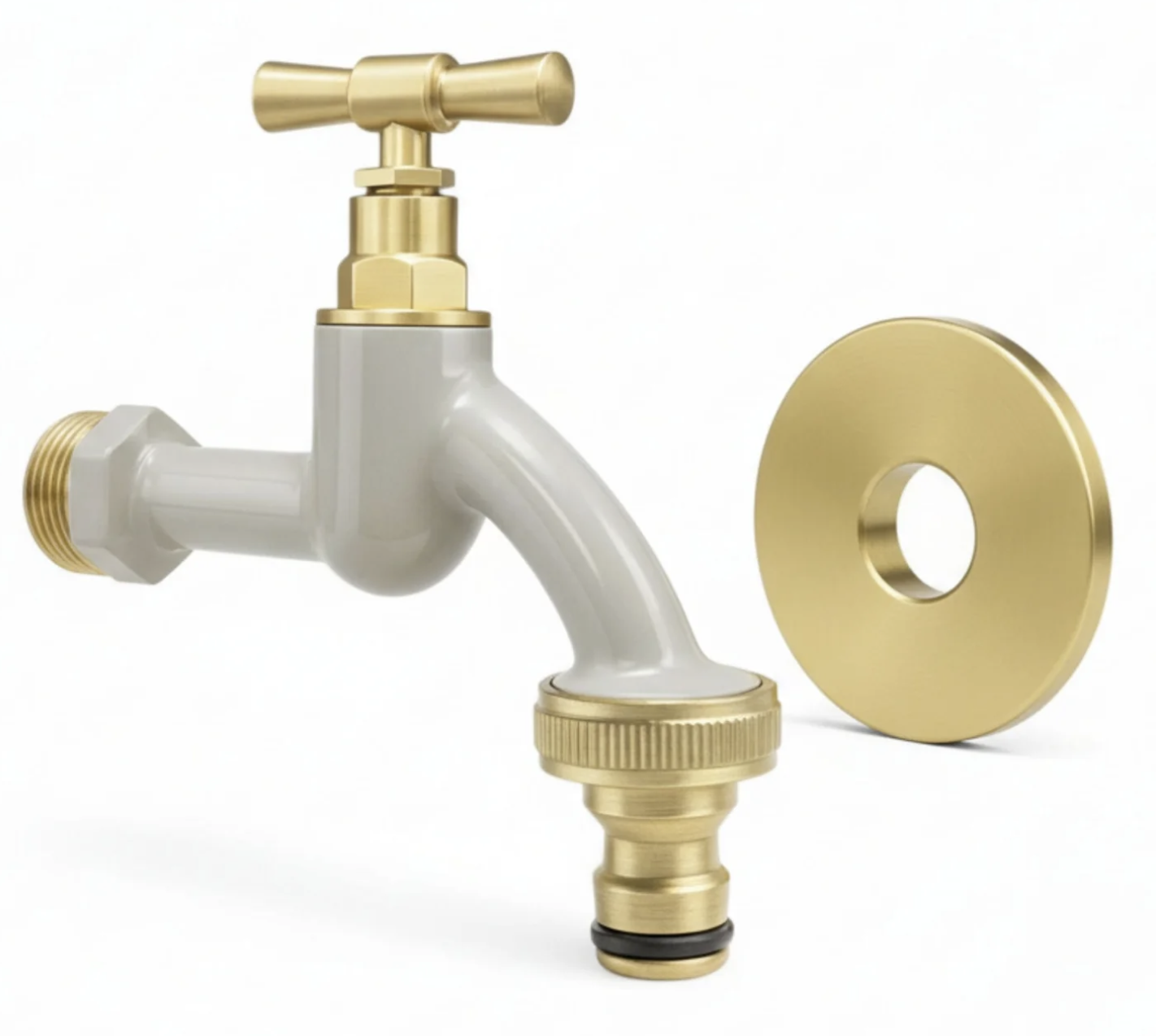 A white outdoor garden hose faucet with brass fittings and a round brass mounting plate.