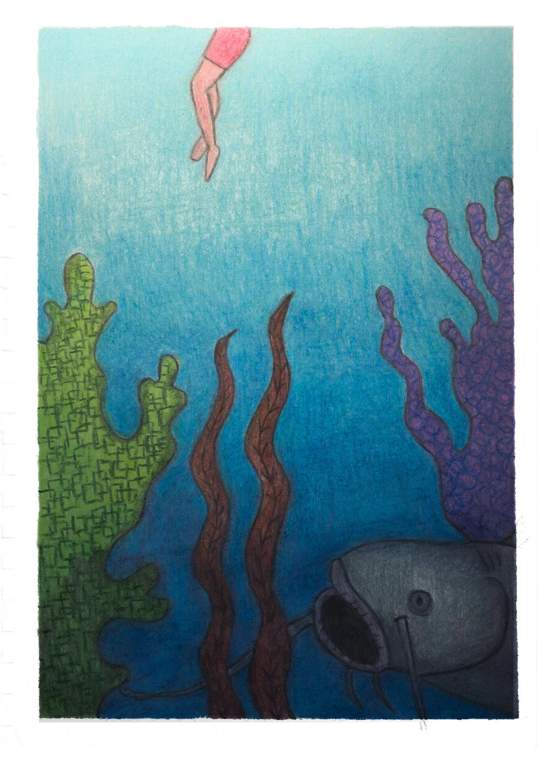 Eine Illustration aus dem Buch "Zwischen den Welten ist ein Ort": eine kindliche Zeichnung eines Ozeans mit bunten Korallen und einem großen, bedrohlichen Fisch.