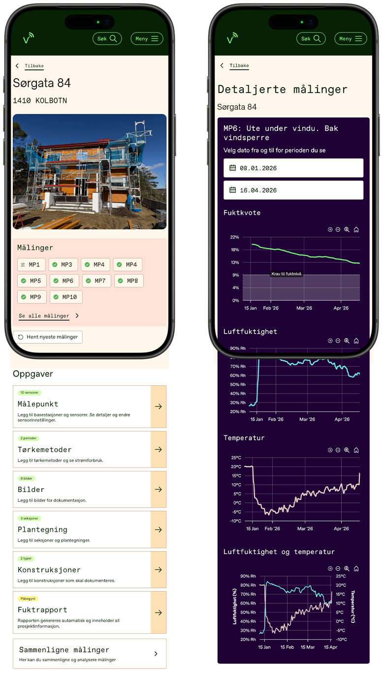 Skjermbilder av en mobil app som viser byggetegninger og målinger av et hus under konstruksjon.