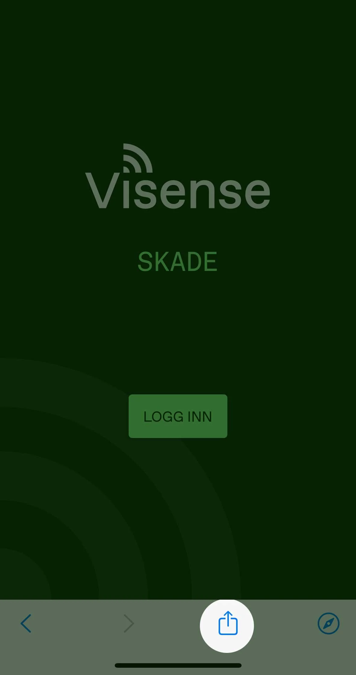 Skjermbilde av en app med teksten 'Visense' og 'Skade' på en mørkegrønn bakgrunn, samt en knapp med teksten 'Logg Inn'.