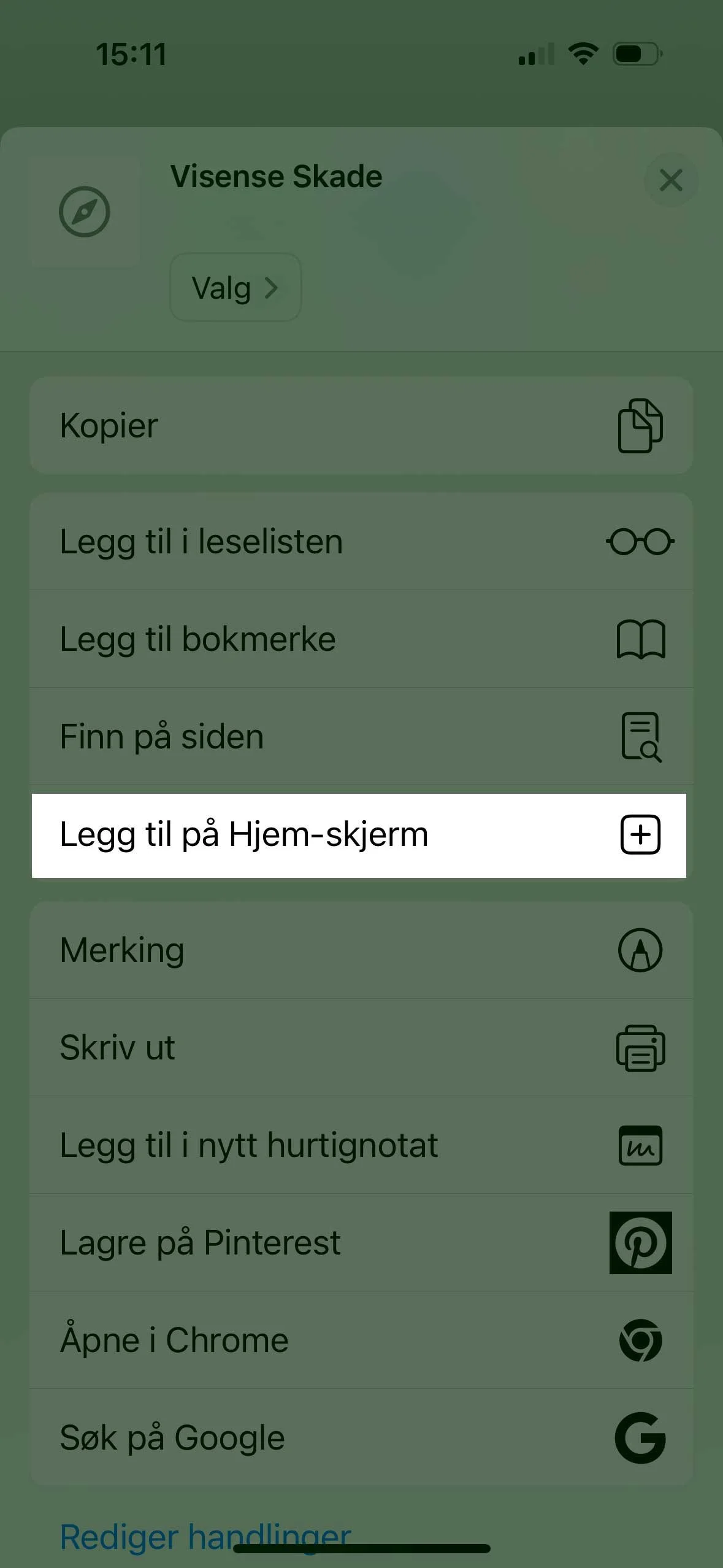 Skjermdump av en meny i en mobilapplikasjon med alternativer som 'Kopier', 'Legg til i leselisten', 'Legg til bokmerke', og en valgmulighet for å legge til på Hjem-skjermet.
