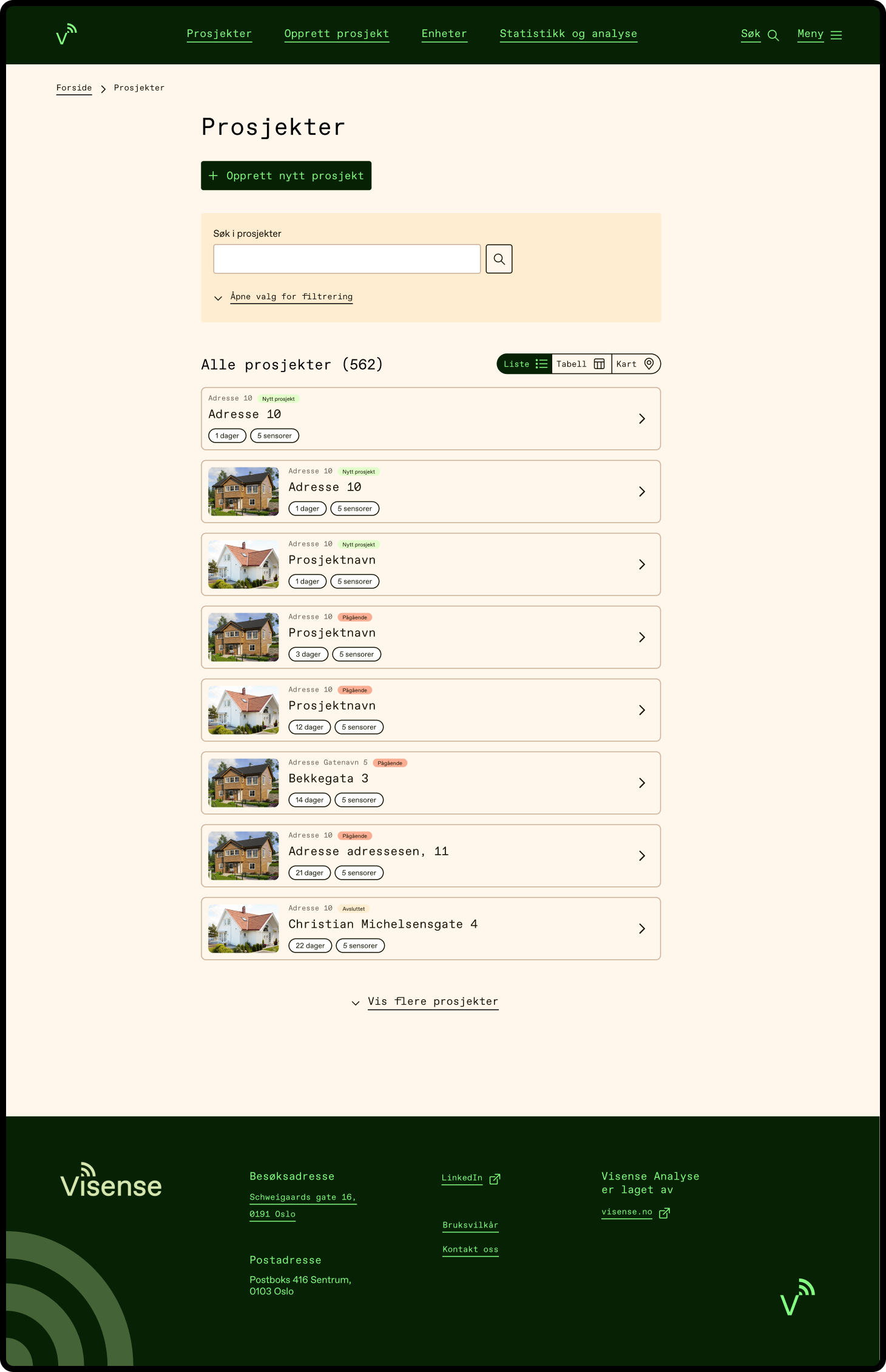 Skjermdump av en nettside for verktøy eller system for prosjektstyring, som viser en liste med ulike prosjekter med bilder av hus, adresser og status. Hovedfarger er grønn, beige og svart, med navigasjonsmenyer og søkefelt.