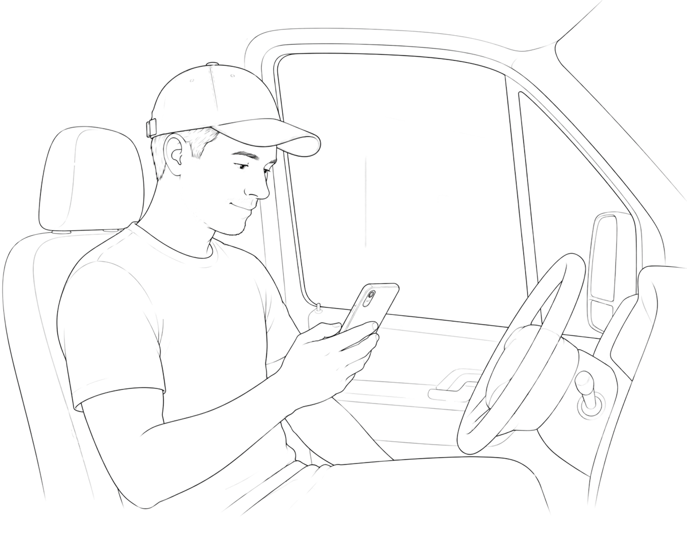 En mann i bil, bruker mobilen, iført caps og t-skjorte, sett fra innsiden av bilen.