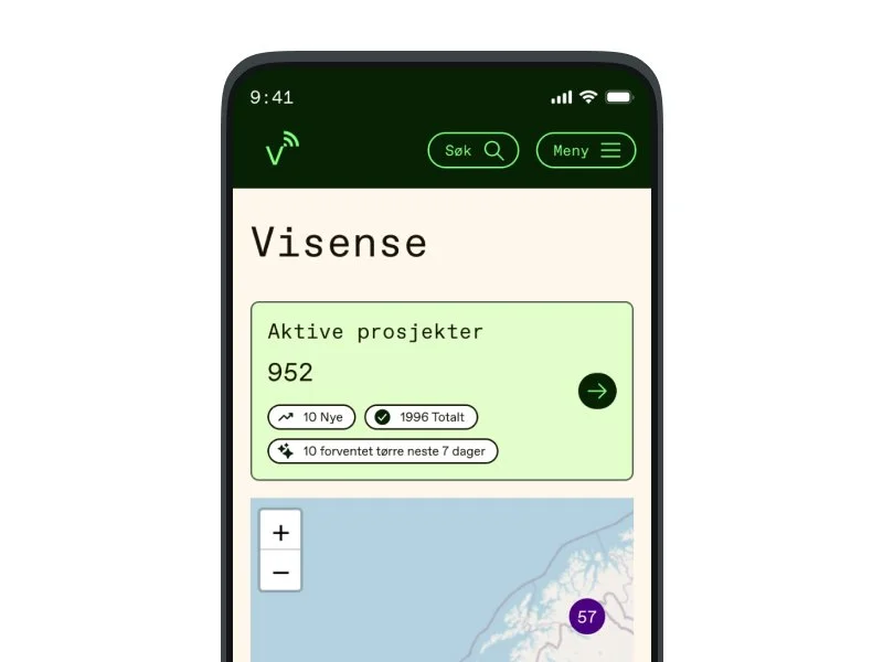 Skjermbilde av en mobilapp med overskriften "Visense" og informasjon om aktive prosjekter, totalt antall, og en kartvisning med et tall.