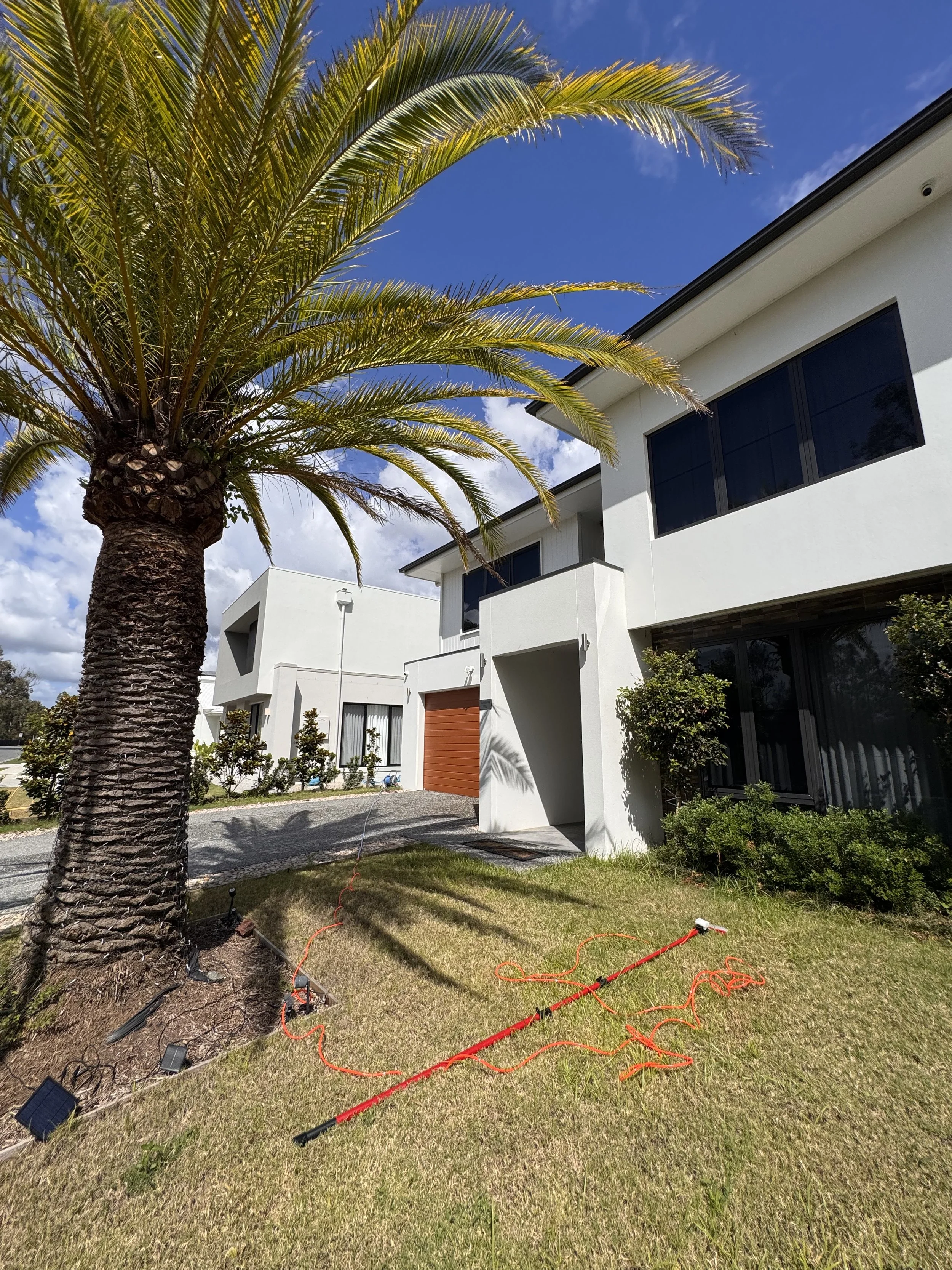 Modern white house with large windows tall palm tree nearby and orange extension cord on the grass under a blue sky with some clouds.