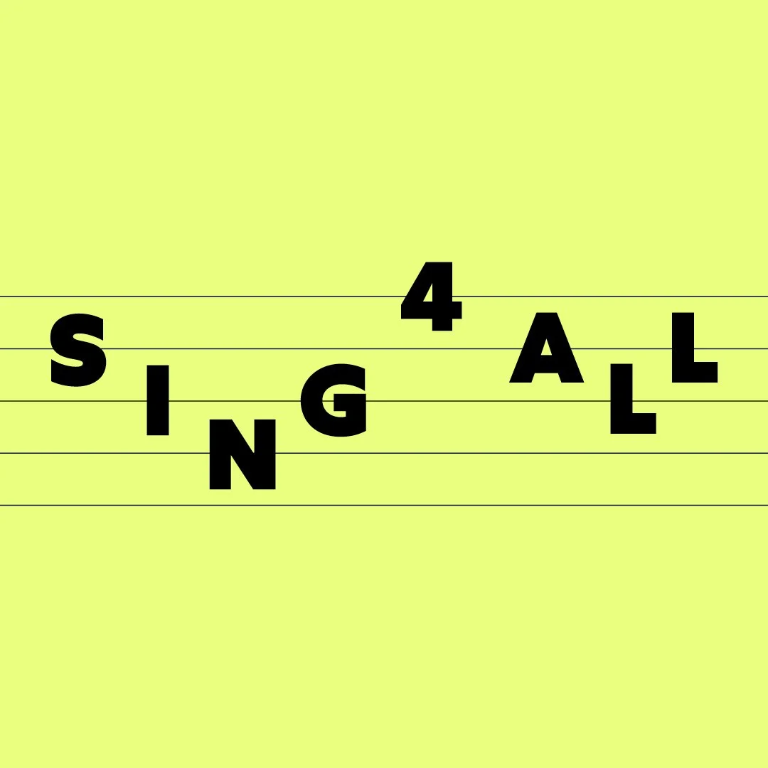 Letters and numbers arranged on a yellow background resembling a musical staff, spelling words 'SING,' '4,' 'ALL'.