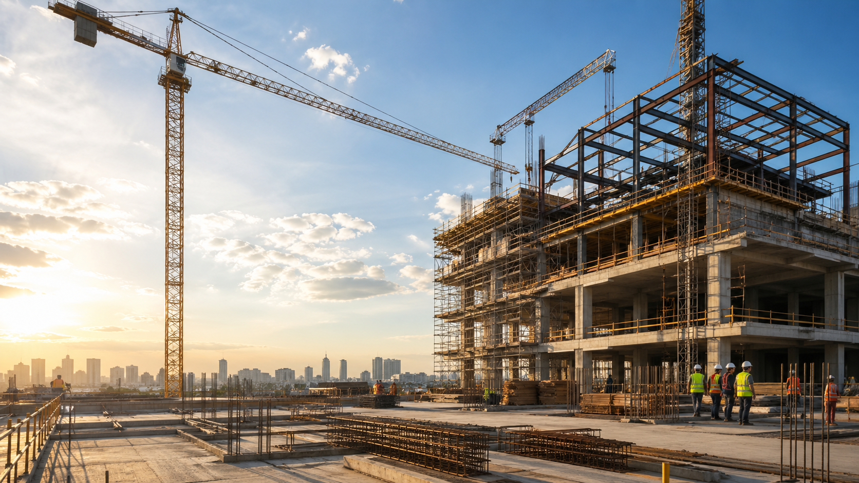 Construction workers on a building site at sunset with a city skyline in the background, crane, and scaffolding.
