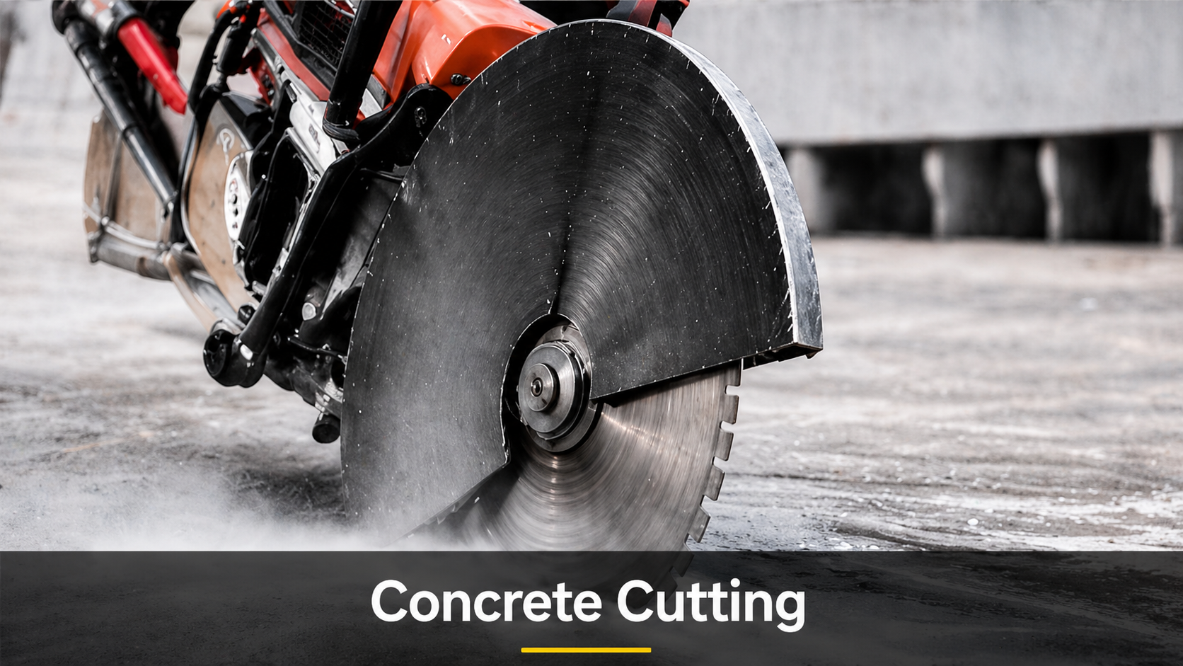 A close-up of a concrete cutting machine’s circular saw blade in action on a concrete surface.