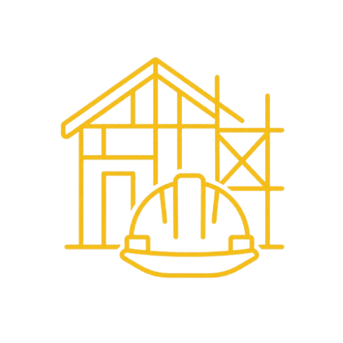 Golden outline of a house under construction with a hard hat in front.