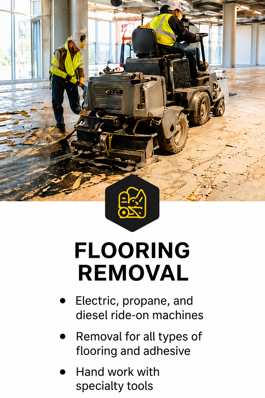 Two workers in safety gear using a ride-on machine to remove flooring inside a modern building with large windows.