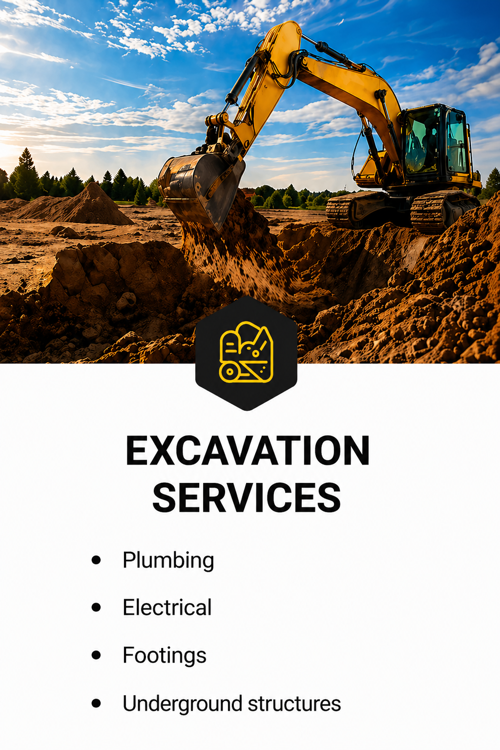 A yellow excavator digging in a construction site with dirt and trees in the background, under a partly cloudy sky.