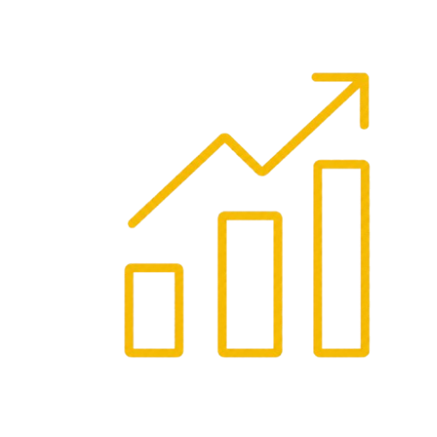 Gold bar graph with three vertical bars increasing in height, with a line chart overlay showing upward trend.